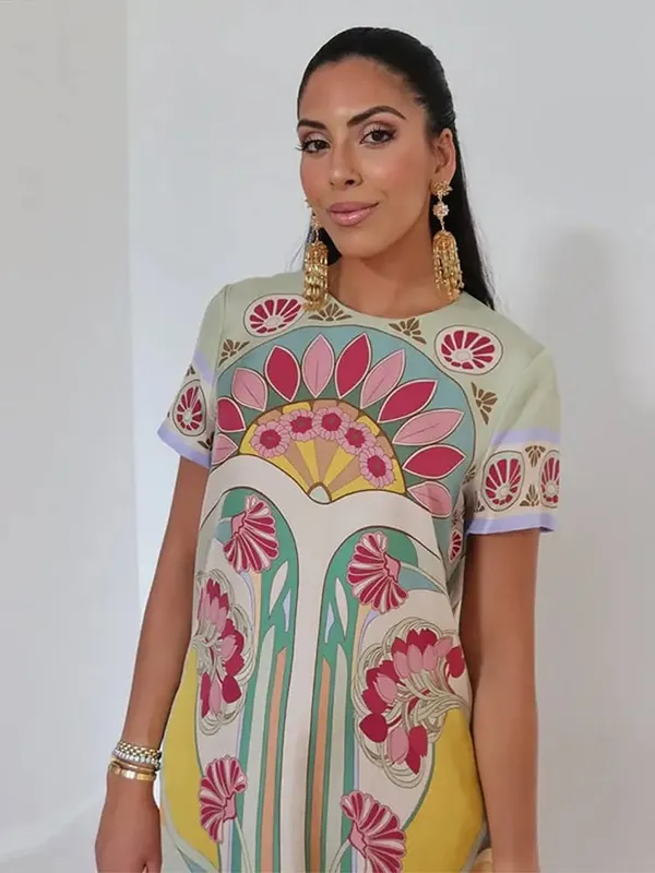 Chic Printed Women's Dress O-Neck Short Sleeve Loose Feather Patchwork Women'S Long Dresses 2026 Summer Female Vacation Robe — image 7
