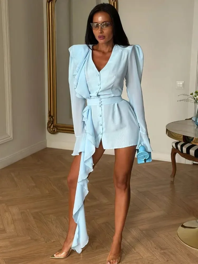 2026 Light Blue Ruffled Chiffon Dress V-neck Puff Long Sleeve Flutter Waist-cinching Mini Dresses Date Vacation Fashion Vestido — image 3