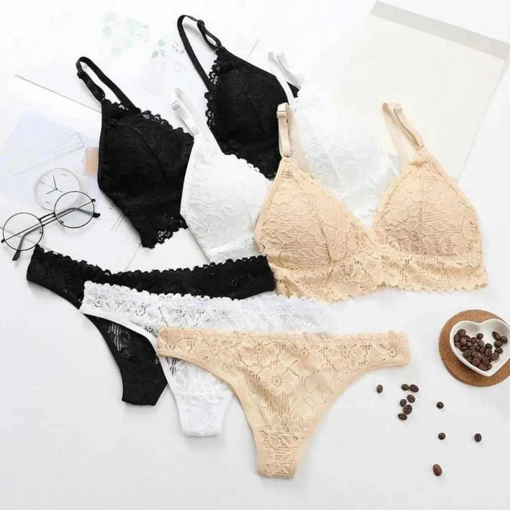 Sweet V Neck Lace Flower Bra Set Solid Color Thong Floral Panties Bra Kit Low Waist Lingerie Lace Underwear Romantic Night — image 2