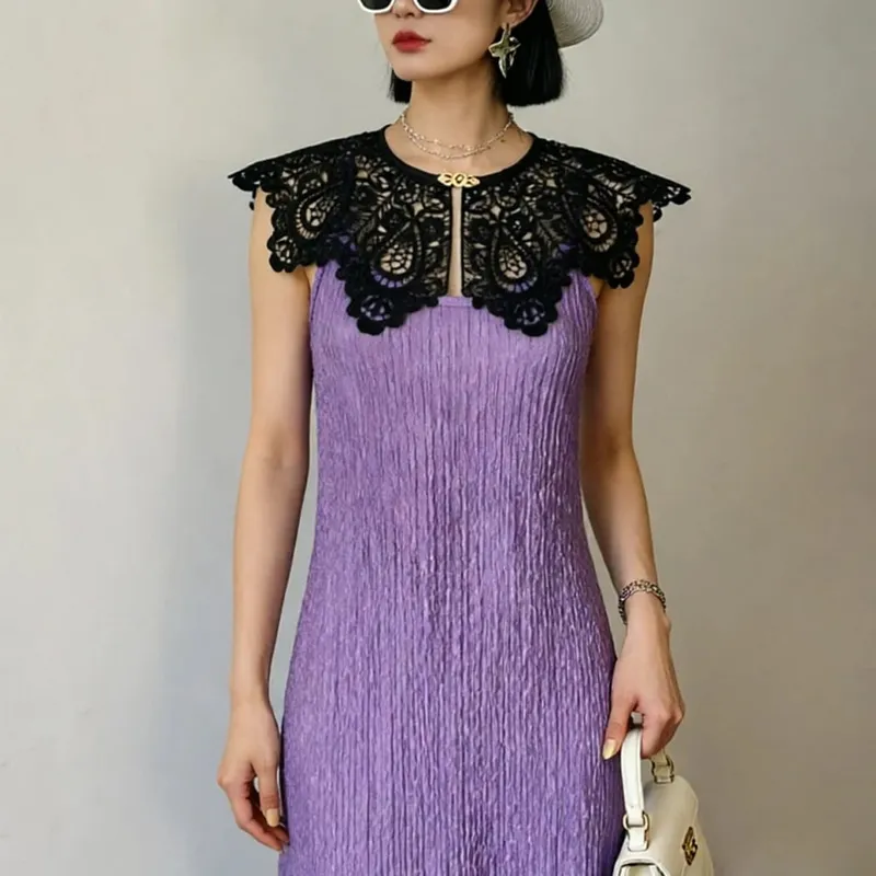 Pleated Sleeveless Elastic Long Dresses Women Vintage Palace Style Womens Black White Doll Fake Collar Soft Midi Dress Clothing — image 5
