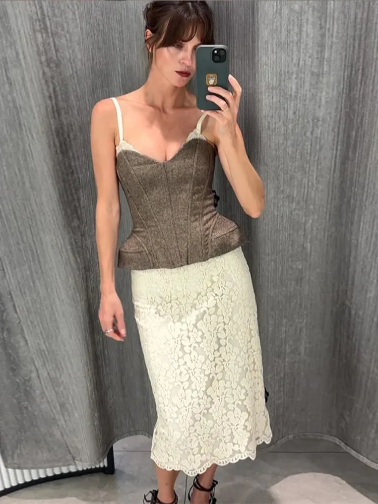 Sexy Women's Tank Halter Lace V-neck Sleeveless Backless Solid Female Slim Tanks 2025 Summer Autumn New Street Fashion Lady Top