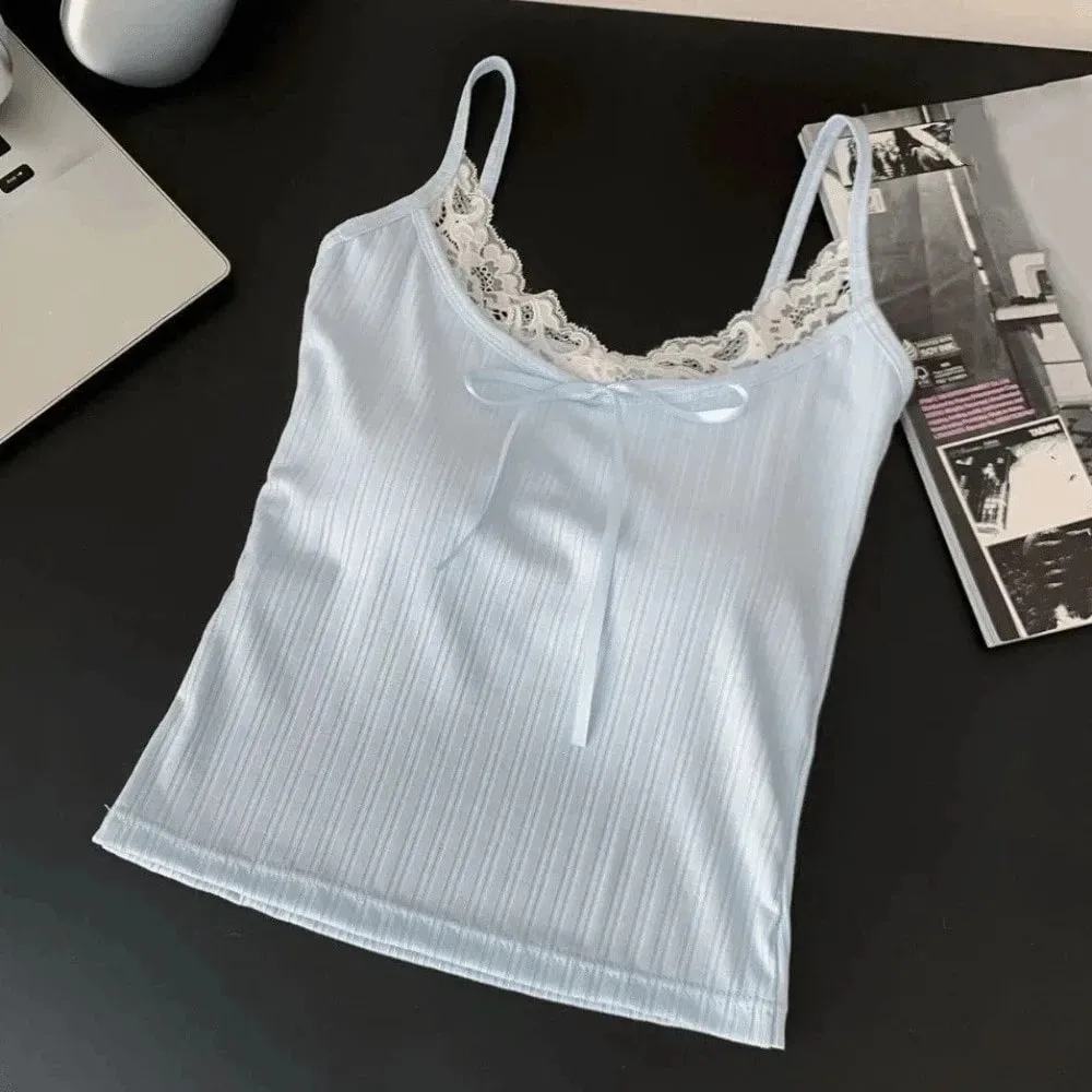 เอว cinching แขนกุด Slim Lace Crop Top Y2k สีทึบ Camisole พร้อมแผ่น Bottoming เสื้อ Sweet Lace Patchwork Vest Lady