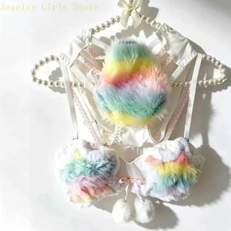 Aesthetic Rainbow Star Plush Bra and Panty Set for Women Brassiere Lingerie Furry Underwear Anime Cosplay Outfit 2 Piece