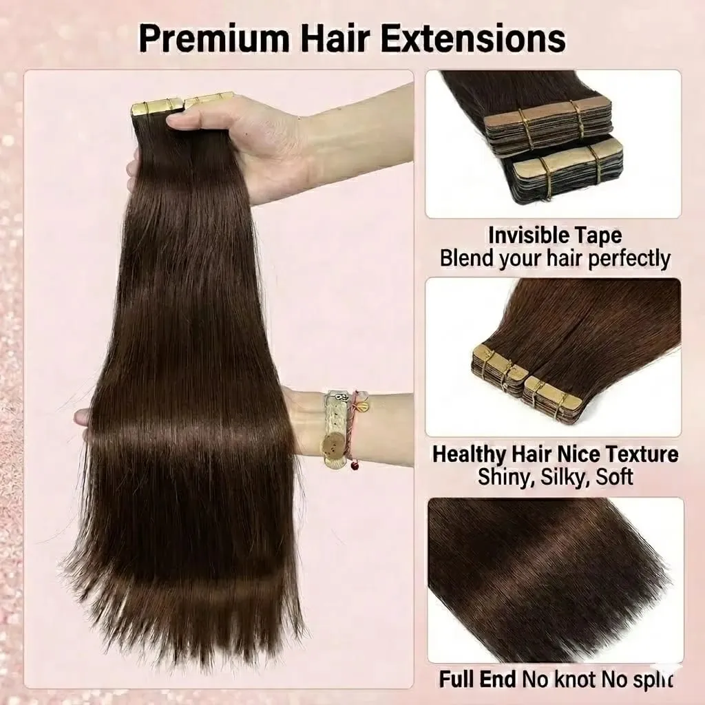 Seamless Brown Tape in Hair Extensions 100% Human Hair Straight 14A Grade Virgin Remy 21pcs 50g Pack Thick End Women #4 Beauty 18 20 22 Inch