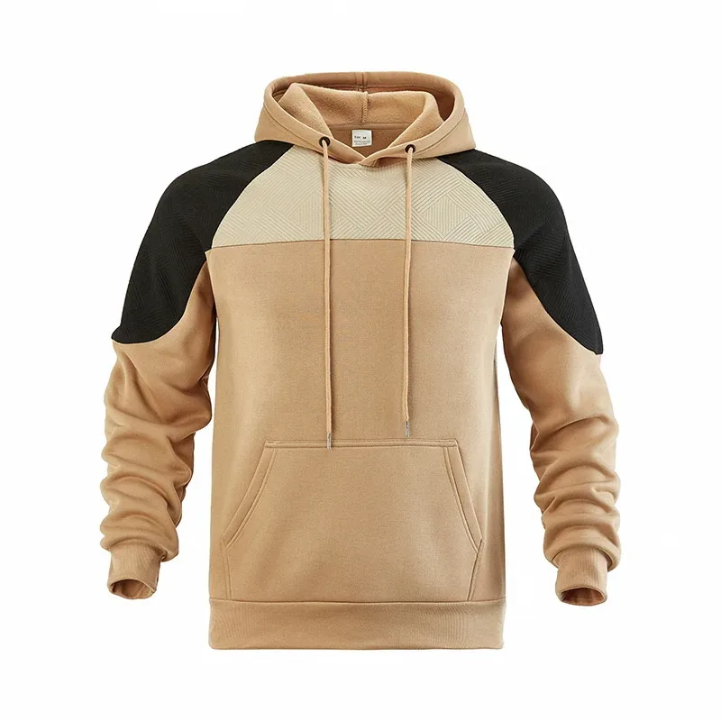Autumn Winter Men Color Block Raglan Hoodie Textured Chest Panel Drawstring Kangaroo Pocket Loose Casual Streetwear Sweatshirt