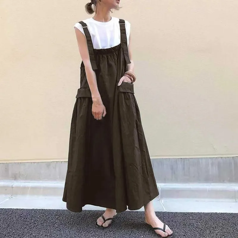 Women Fashion Suspender Dress With Long Straps Large Pockets And Over The Knee Pocket Straps Midi Dresses For Women Robe Femme