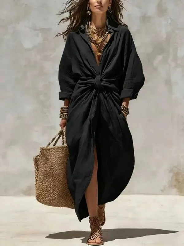 Boho White Linen Cotton Shirt Dress Long Sleeve High Waist Knot Maxi Dress Casual Loose Split Hem Summer Beach Dresses for Women — image 3