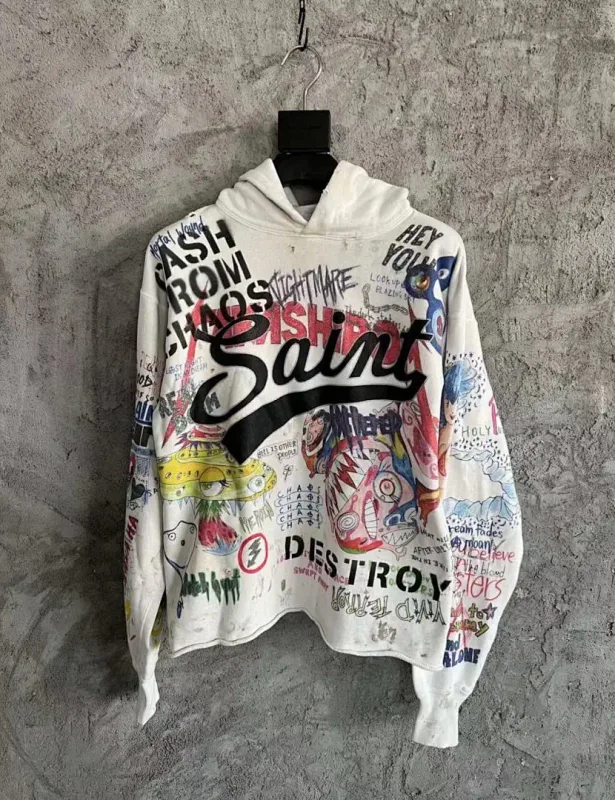 24FW SAINT Vintage Angel Printed Distressed Women Men Hooded Sweatshirt Hoodies Oversized Men Casual Cotton Pullover Hoodie