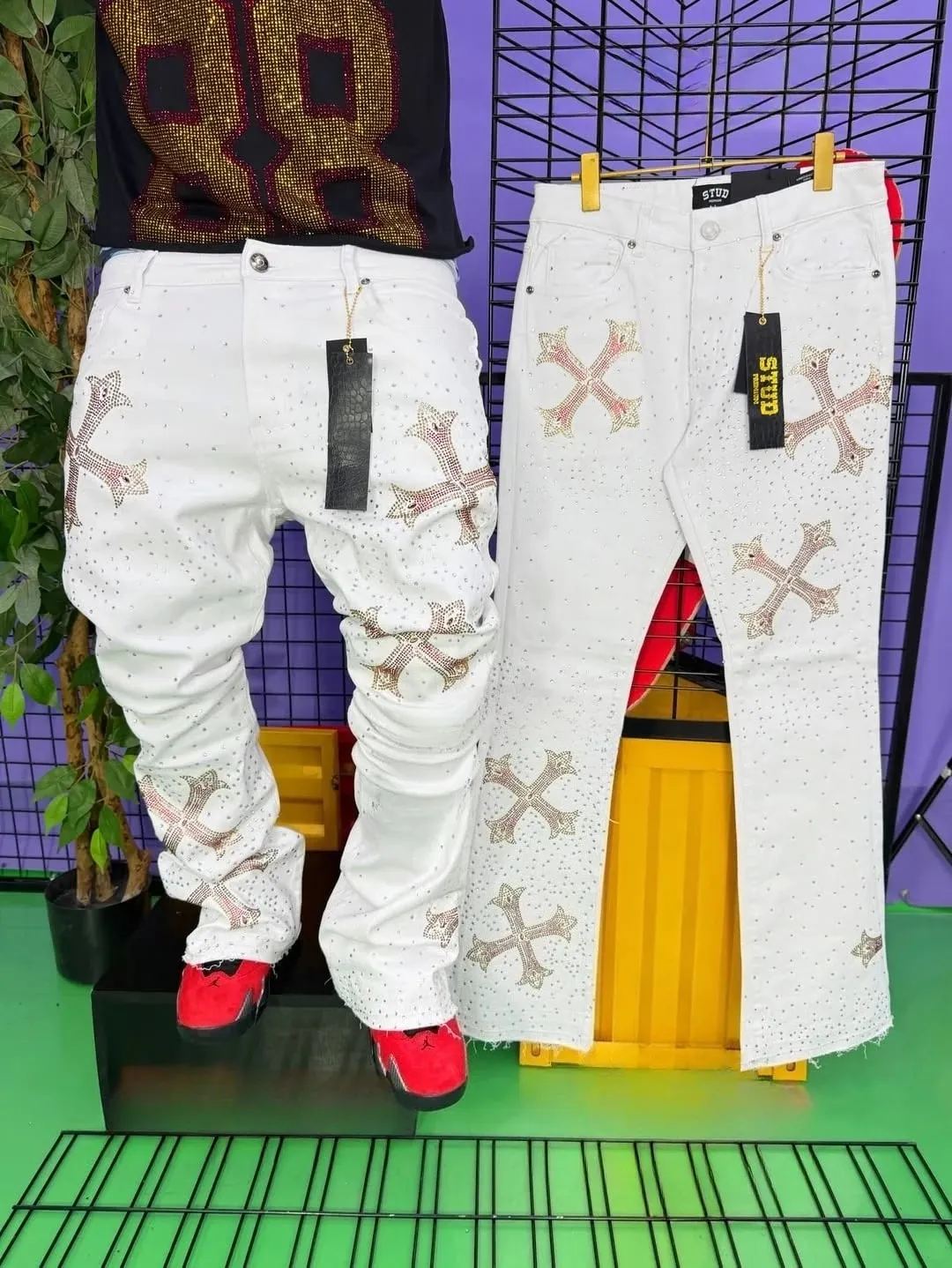 Cross Pattern Design White Flash Fashionable Element Baggy Denim Pants Daily Commute Necessary Minimalism Straight Leg Jeans — image 2