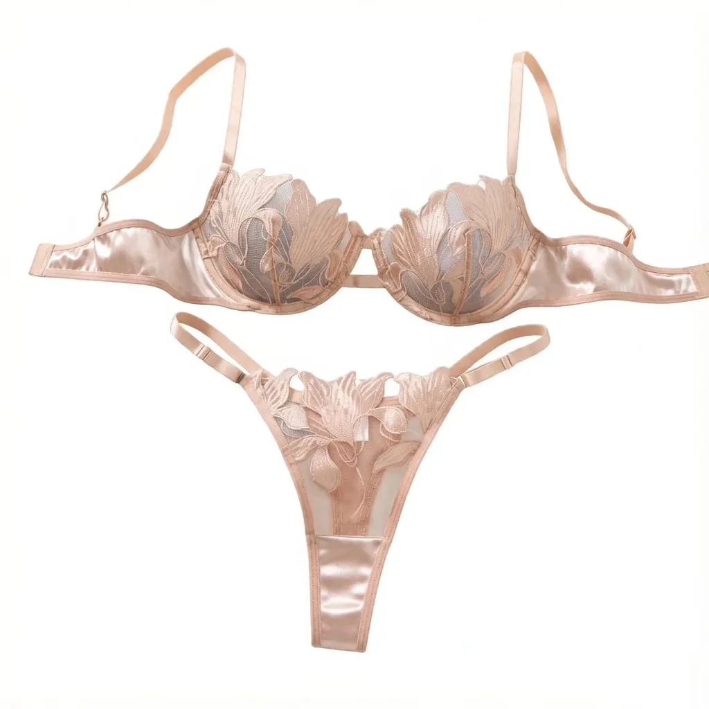 champagne Floral Embroidery Lingerie Set Satin Mesh Underwire Bra Thong Women Intimate Underwear Honeymoon Boudoir ZA824031 — image 2