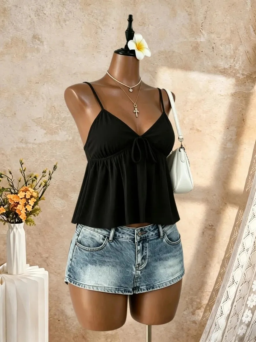 Women V Neck Spaghetti Strap Front Tie Ruched Waist Flared Peplum Cami Top 2026 Summer Y2K Solid Black Casual Beach Vacation Loo