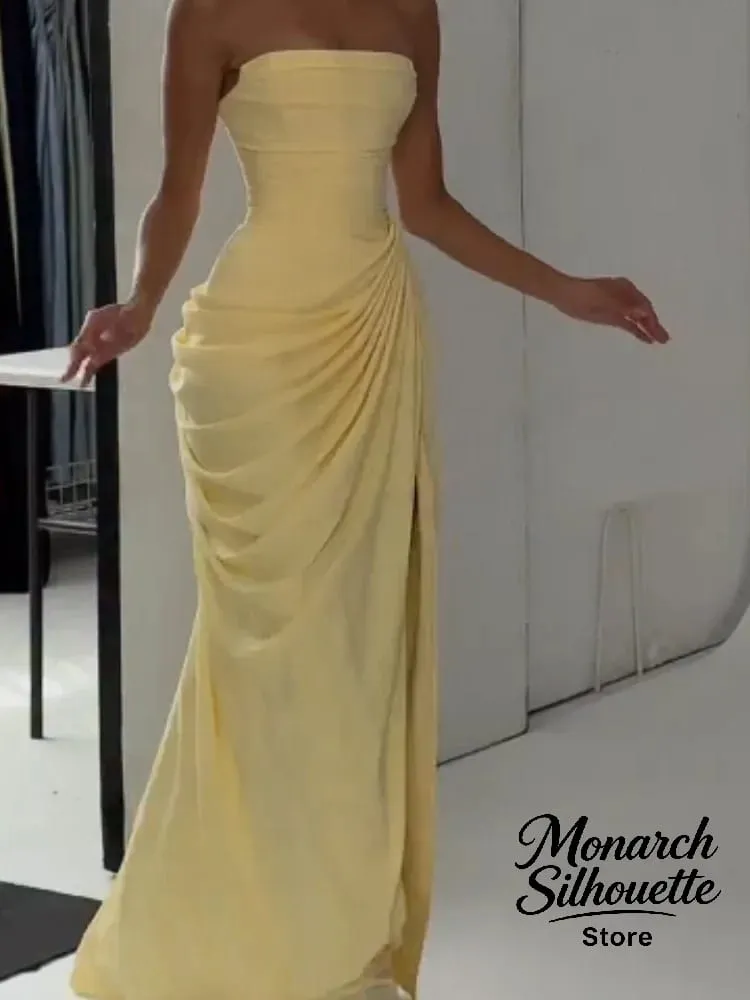 Elegant Yellow Strapless Pleated Long Dress Women Chic Solid Sleeveless Waist Cinching Split Gown 2026 Lady Evening Party Robes
