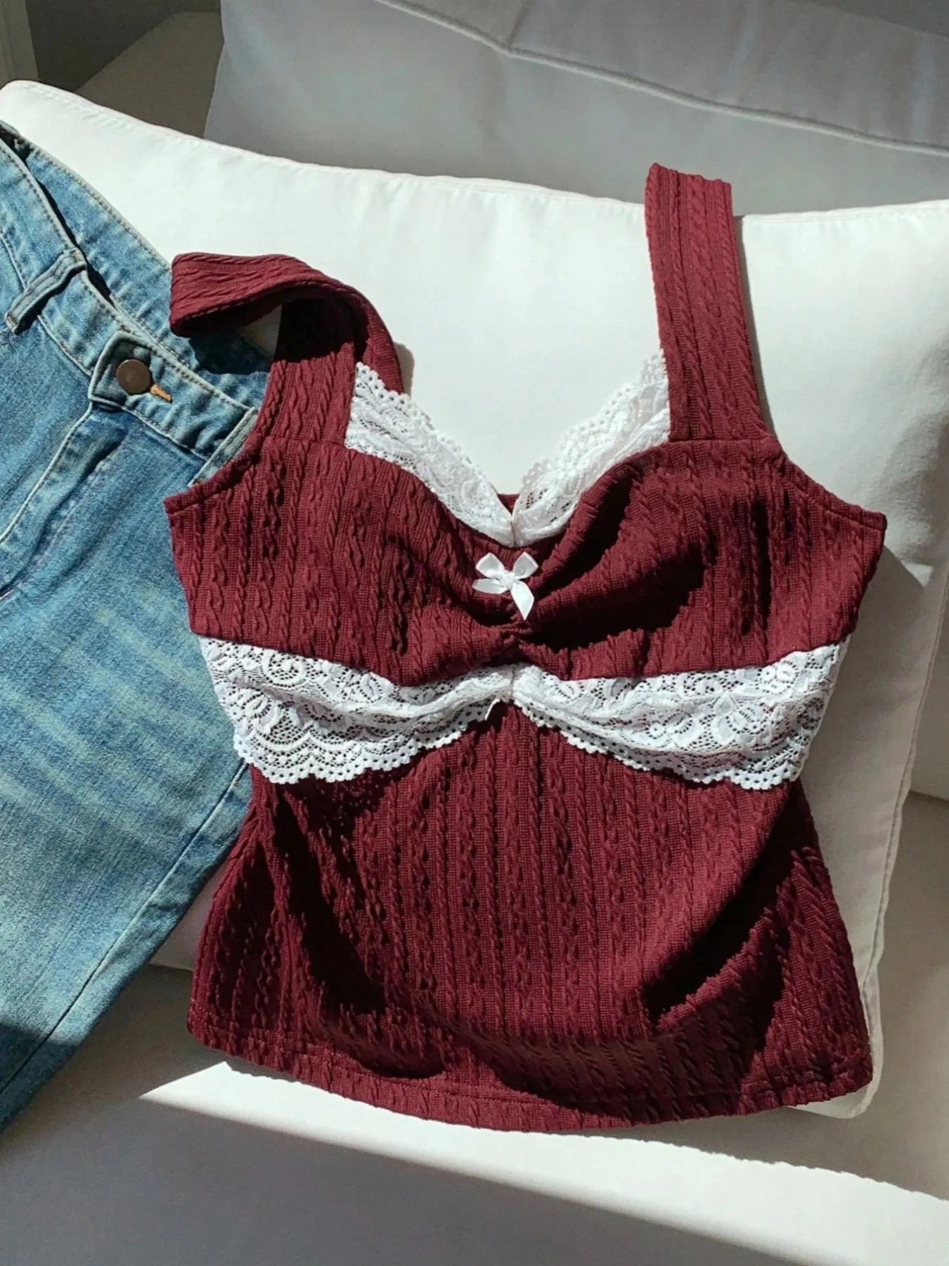 Y2K summer fashion new patchwork lace bow decoration pure desire vest versatile top for wearing outside