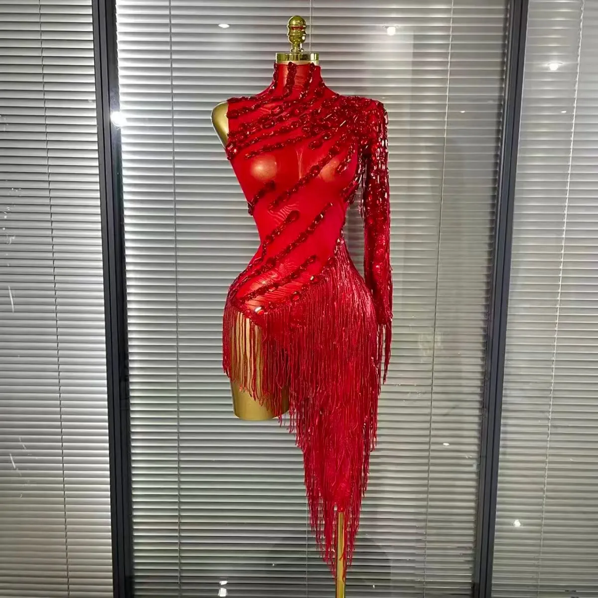 Black Red Women Sexy One Shoulder Shinning Crystal Sequins Tassels Bodycon Mid-calf Dress Nightclub Party Bar Dancer Costumes — image 2