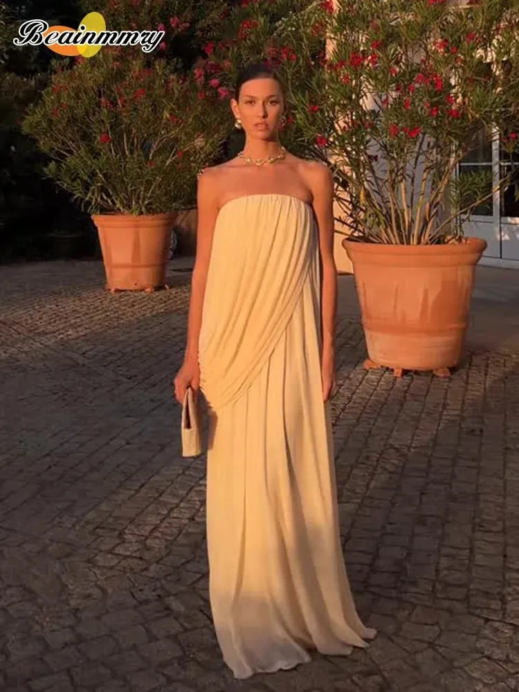 Sexy Pleated Strapless Maxi Dress Women Chic Solid Sleeveless Backless Loose Long Dresses 2026 Summer Lady Vacation Beach Outfit — image 4