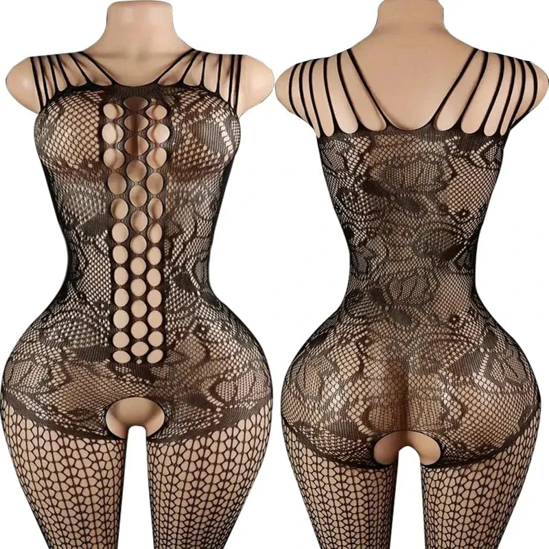 Black Fishnet Off-Shoulder Open-Crotch Bodystocking Lingerie Set Sexy Crotchless Teddy Bra Women's Erotic Underwear 2026 — image 10
