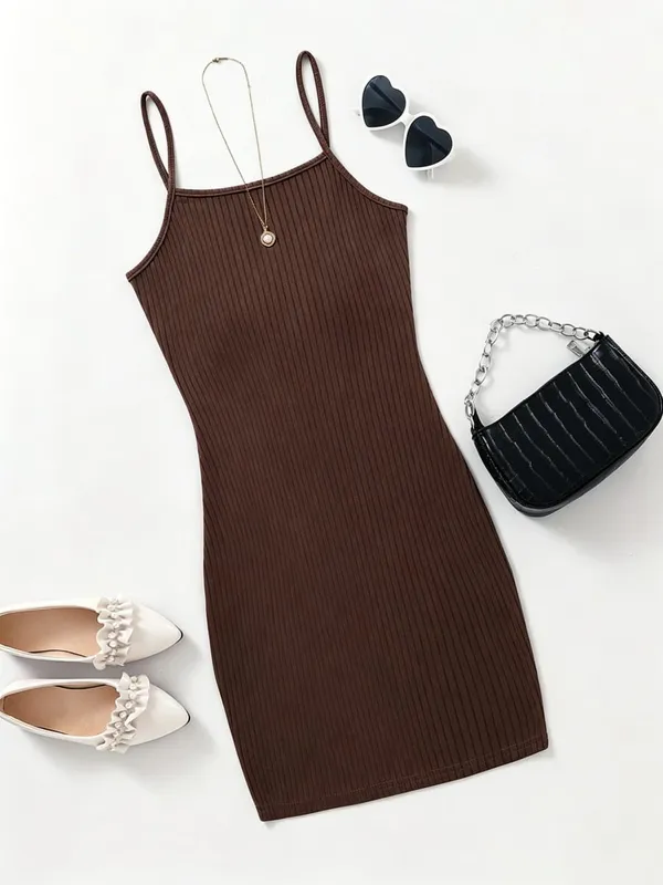 Women Vertical Ribbed Cami Midi Bodycon Dress Square Neck Thin Spaghetti Strap Slim Fitting Pencil Club Party Dress