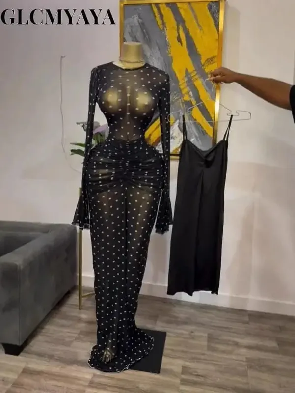CM.YAYA Women Long Sleeve Stacked Mesh See Though with Lining Bodycon Long Dress 2025 Autumn Evening Birthday Sexy Party Dresses — image 11