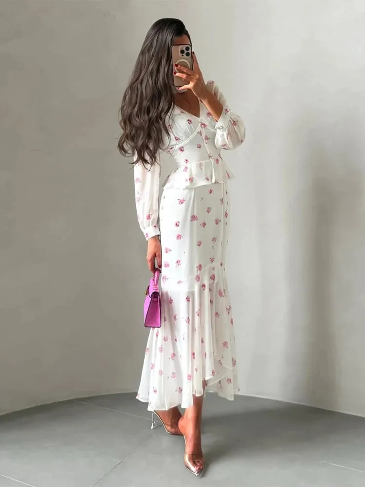 Women Elegant Printed V-neck Dress Chic Lapel Waist Cinched Pleated High Waisted Dresses 2026 Summer New Lady Vacation Gowns