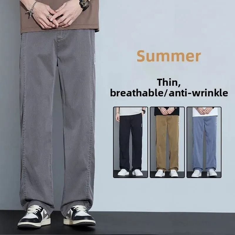 Men's Summer Thin Lyocell Jeans Ice Silk Drape Wide-Leg Pants Loose Straight-Leg Elastic Ultra-Thin Trousers Sizes M-5XL