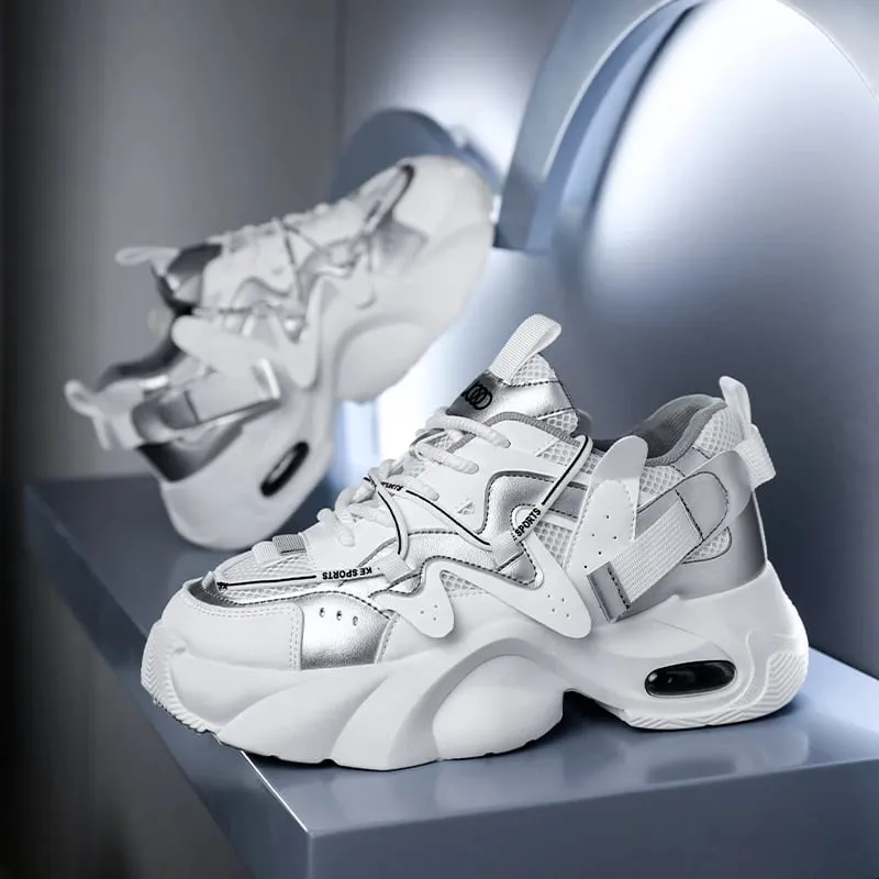 Men's Casual Sneakers with Large Mesh Breathable Upper Metallic Texture and Contrasting Color Stitching and Trendy Webbing Accents. Thick Air-Cushioned Soles Provide Both Height Increase and Shock Absorption Making Them Suitable for Street