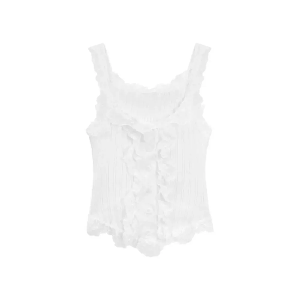 Cute Y2k Lace Knitted Crop Top Tank Korean Style Women's Knit Vest Top Undershirt Sweet Sleeveless Camisole Summer