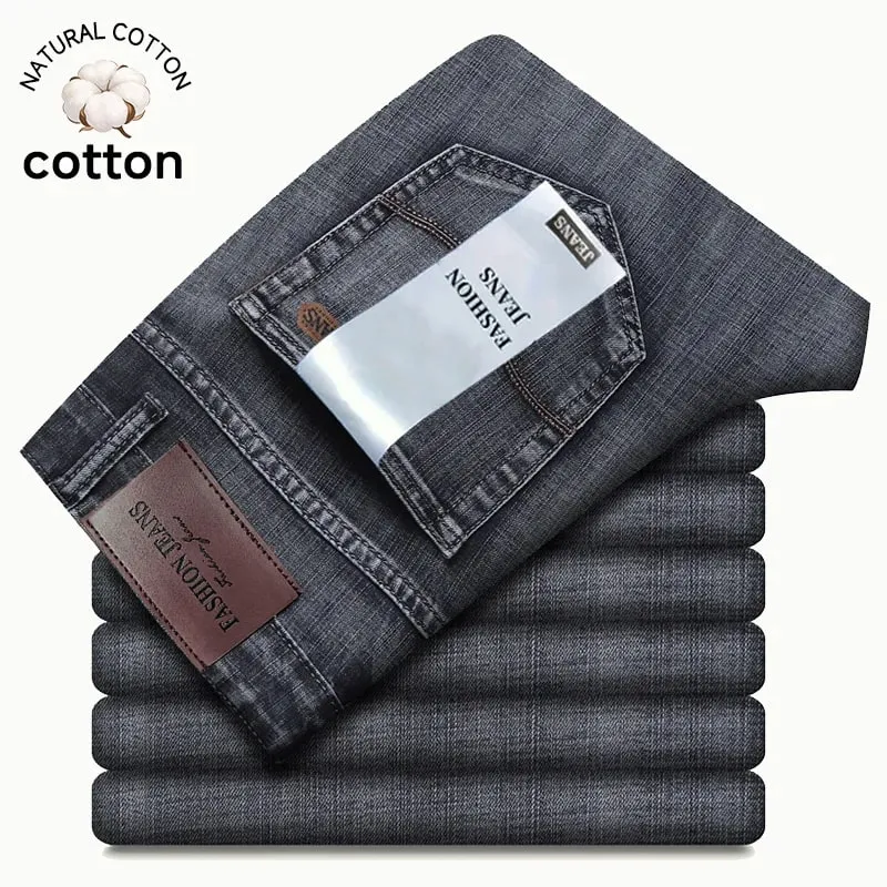Autumn Winter Men's Jeans Classic Retro Grey Denim Pants Man Work Slim Straight Stretch Cotton Trousers Streetwear Plus Size 40 — image 2