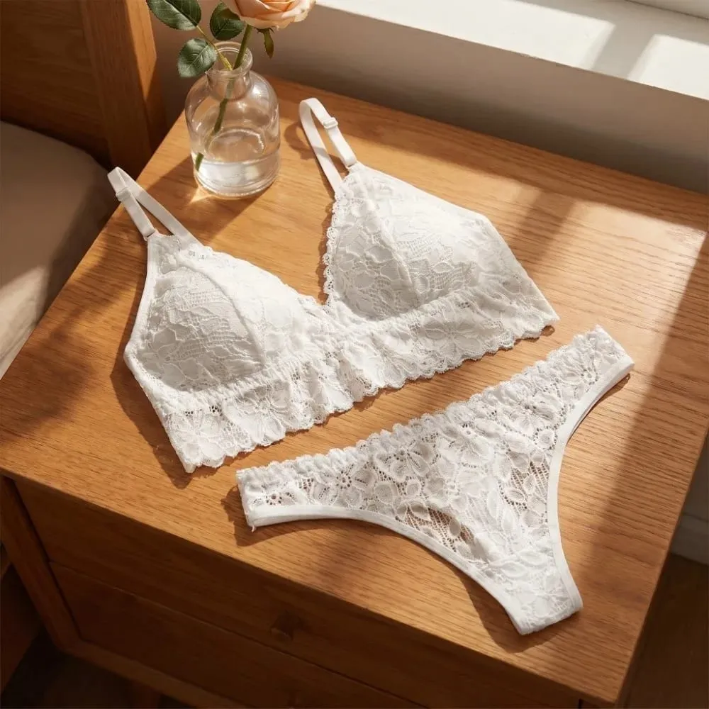 Underpants V Neck Lace Flower Bra Set Thong Solid Color Floral Panties Bra Kit T-Back Lingerie Lace Underwear Girls