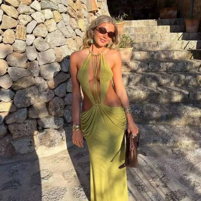 Potongan Spaghetti Metal Deep V Seksi Tali Spaghetti Ruched Maxi Dress Potongan Cross Backless Slim Gaun Mewah Pantai Petang Percutian — image 4