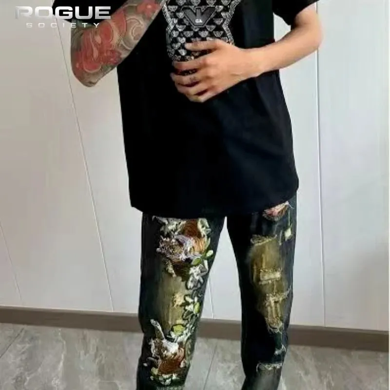Y2K American High Street Embroidered Tiger Jeans Unisex Distressed Vintage Denim Trousers Streetwear Luxury Casual Harajuku New — image 4