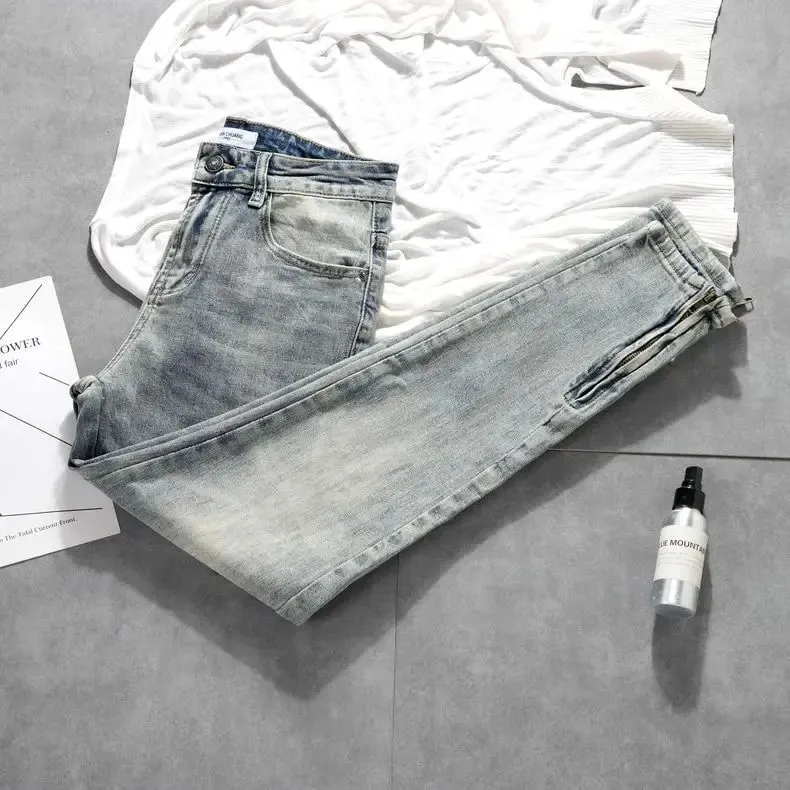 Cargo Old Retro Light-colored Trousers Zipper Jeans Men's New Trendy Elastic Slim-fitting Small-footed Trousers Denim Man Pants