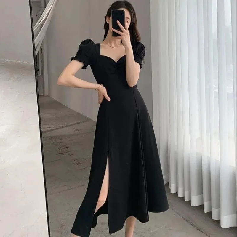 Solid Puff Kortærmet Elegant Slidkjole Ny Mode Kvinder V-hals Fuld Kjoler Dame Højtalje Slank Aftenfest Vestidos