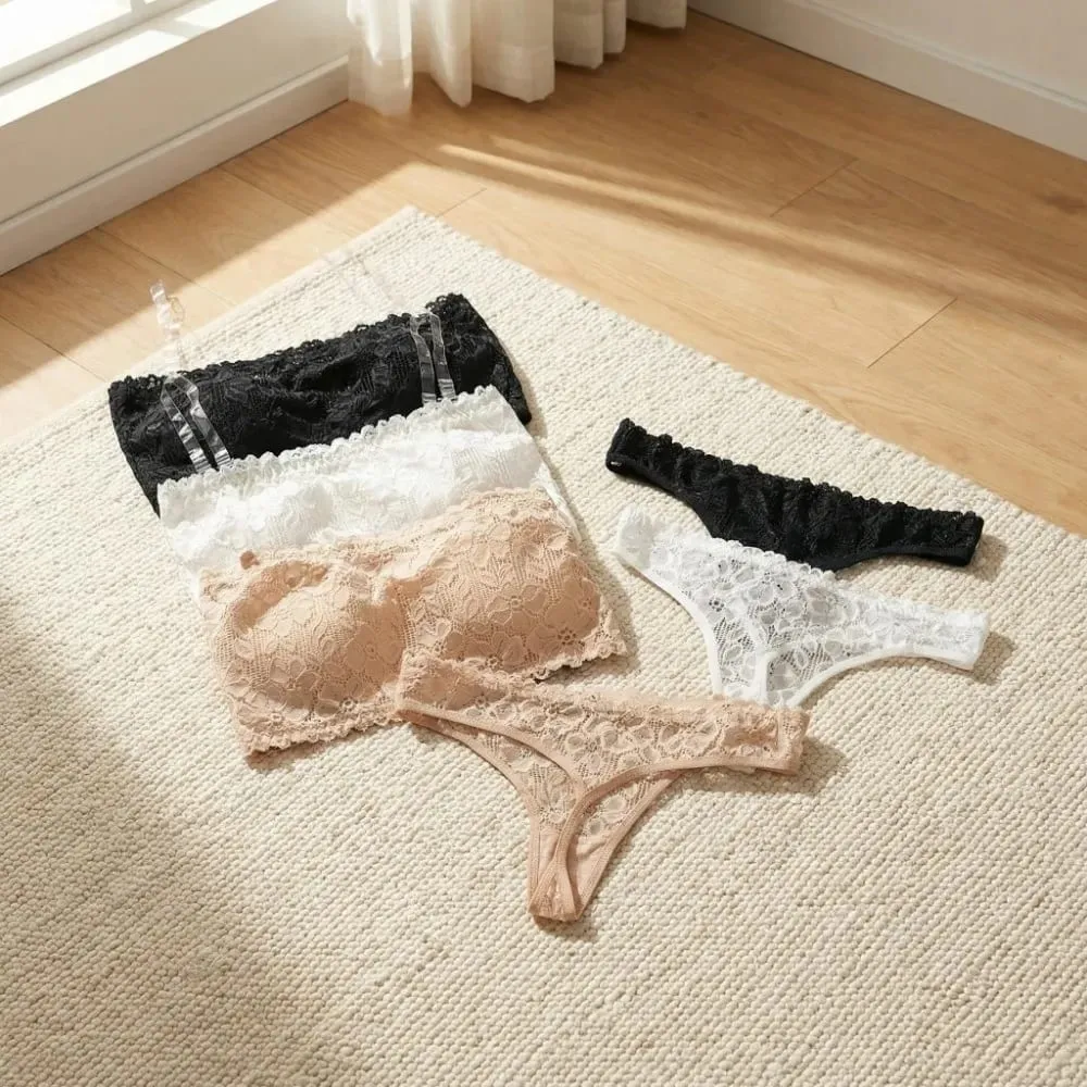 Lace Sheer Flower Thong Bra Set Invisible Straps Embroidery Floral Panties Bra Kit Lingerie Hollow Underwear for Women Ladies