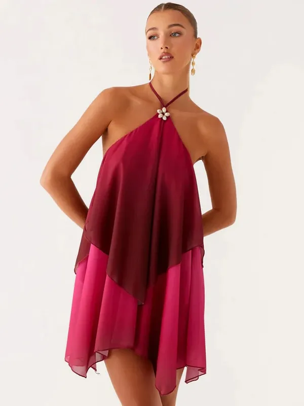Mozision Gradient Halter Backless Sexy Mini Dress Women Gown Elegant Mesh Zipper Off-shoulder Sleeveless Club Party Dresses