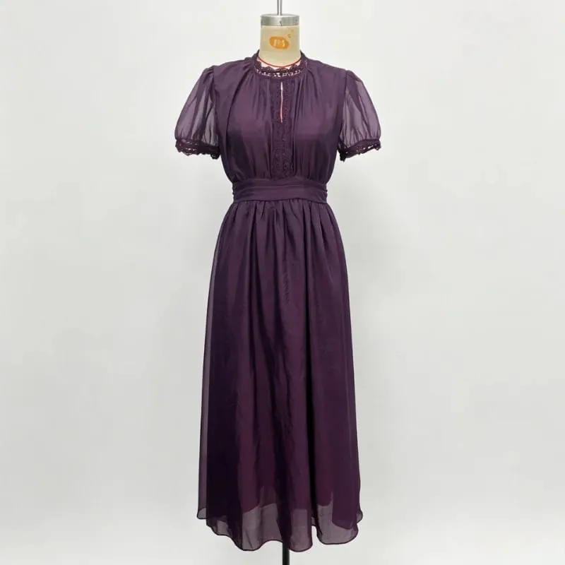 Elegant Chiffon Lace Trim Midi Dress Stand Collar Neck Puff Sleeve Cinched Waist Draped A Line Flowy Women's Casual Dresses