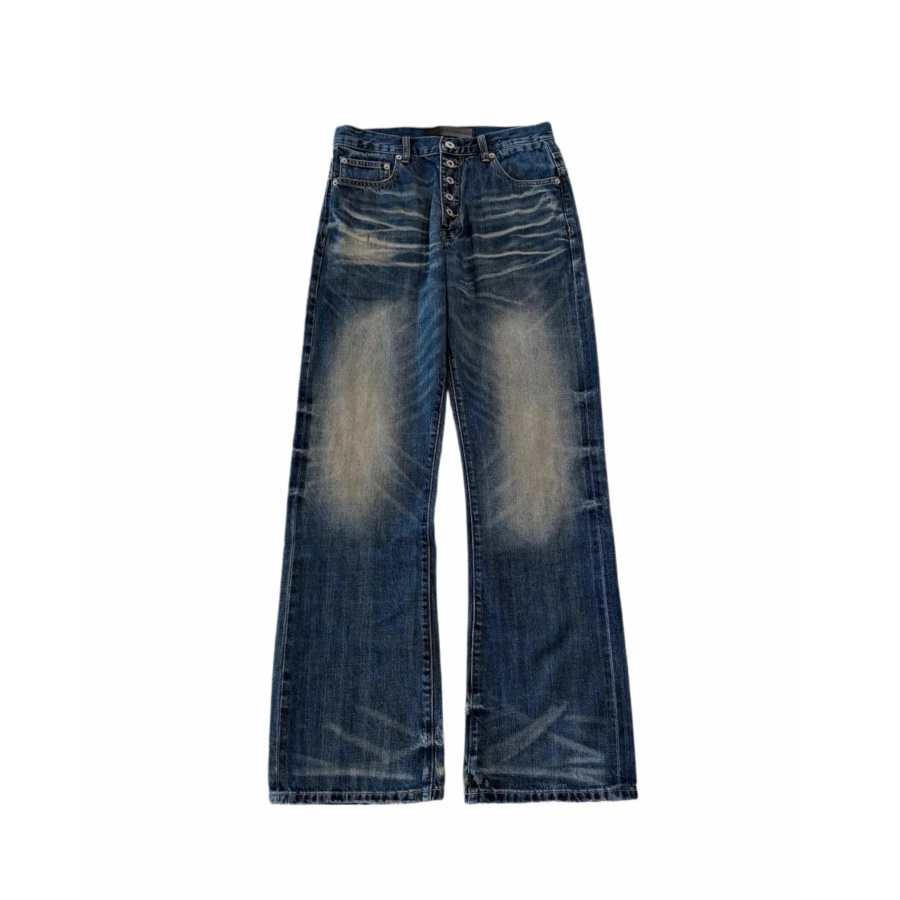 Button‑Fly Cat‑Whisker Pleated Indigo Selvedge Bootcut Jeans