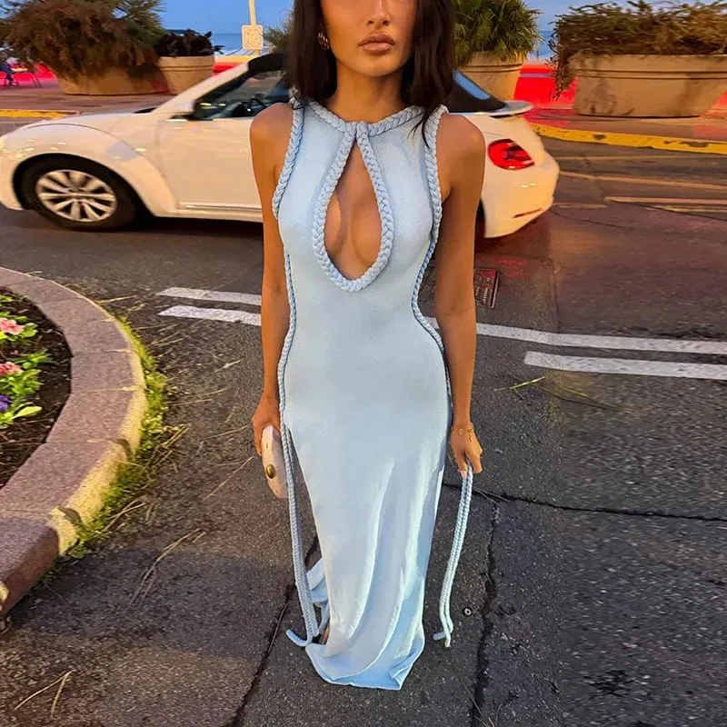 Halter Neck Knitted Women's Dress Braided Trim Cutout High Slit Solid Party Evening Maxi Dress For Women 2026 New Fashion — image 8