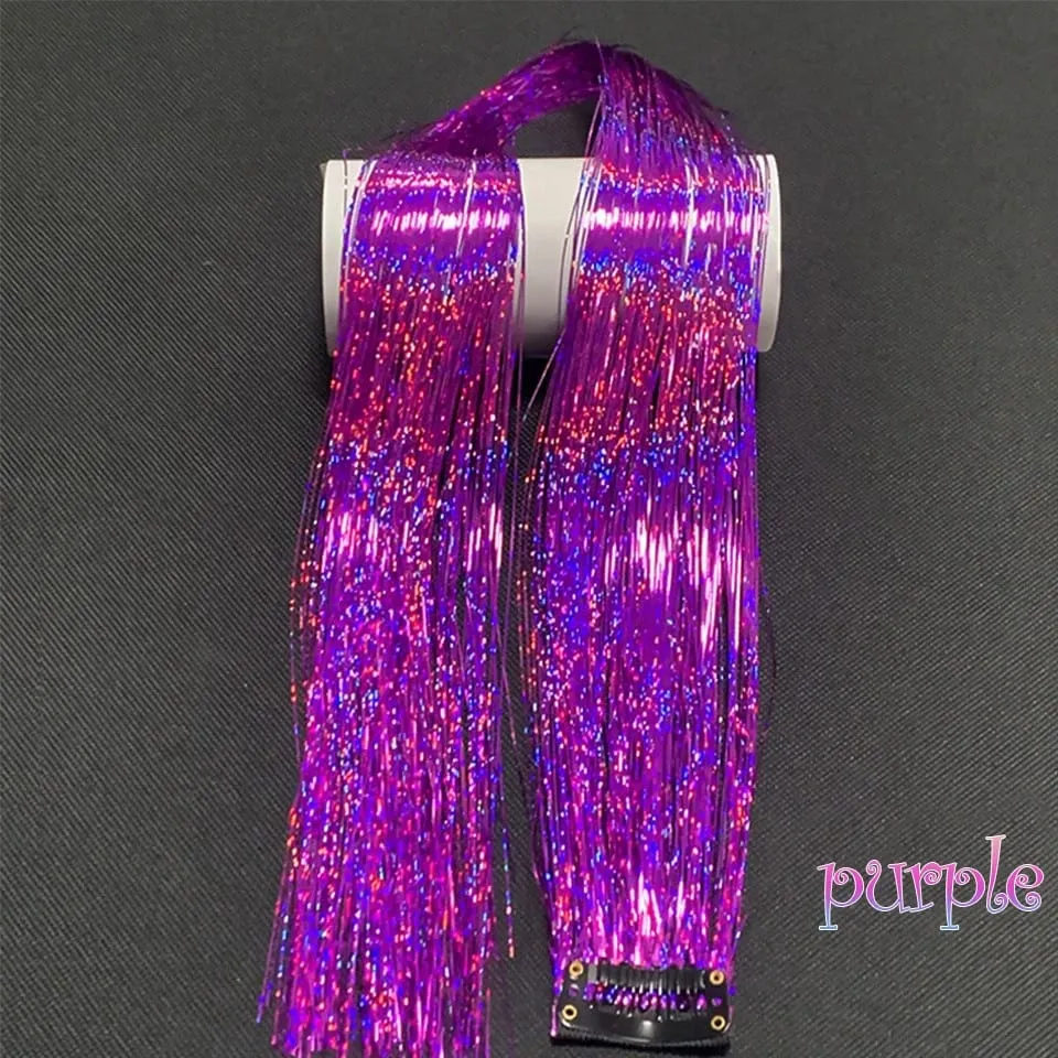 Long Straight Hair Tinsel Glitter Shiny Sparkly Synthetic Color Fresh Laser Clip in Hair Extensions Women Party Hair Accessori