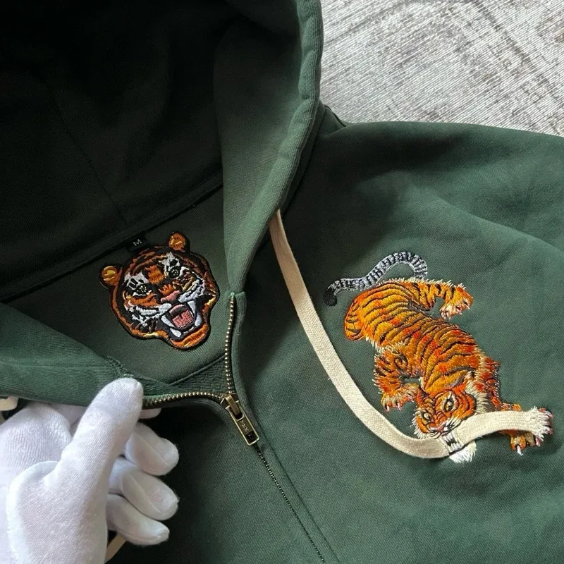 Y2k Men Women Casual Tiger Embroidery Hoodie Oversized Zip Up Sweatshirts Long Sleeve With Kangaroo Pocket Olive Green Clothes