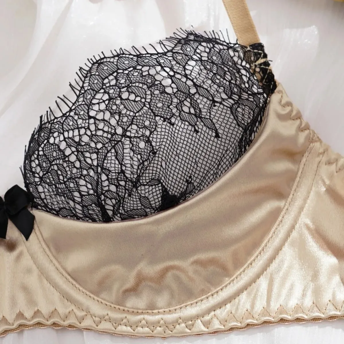 Satin Fabric Eyelash Lace Patchwork Ultra Thin Unlined Bra Sets Underwear with Underwire Sexy Lingerie Women Brassiere