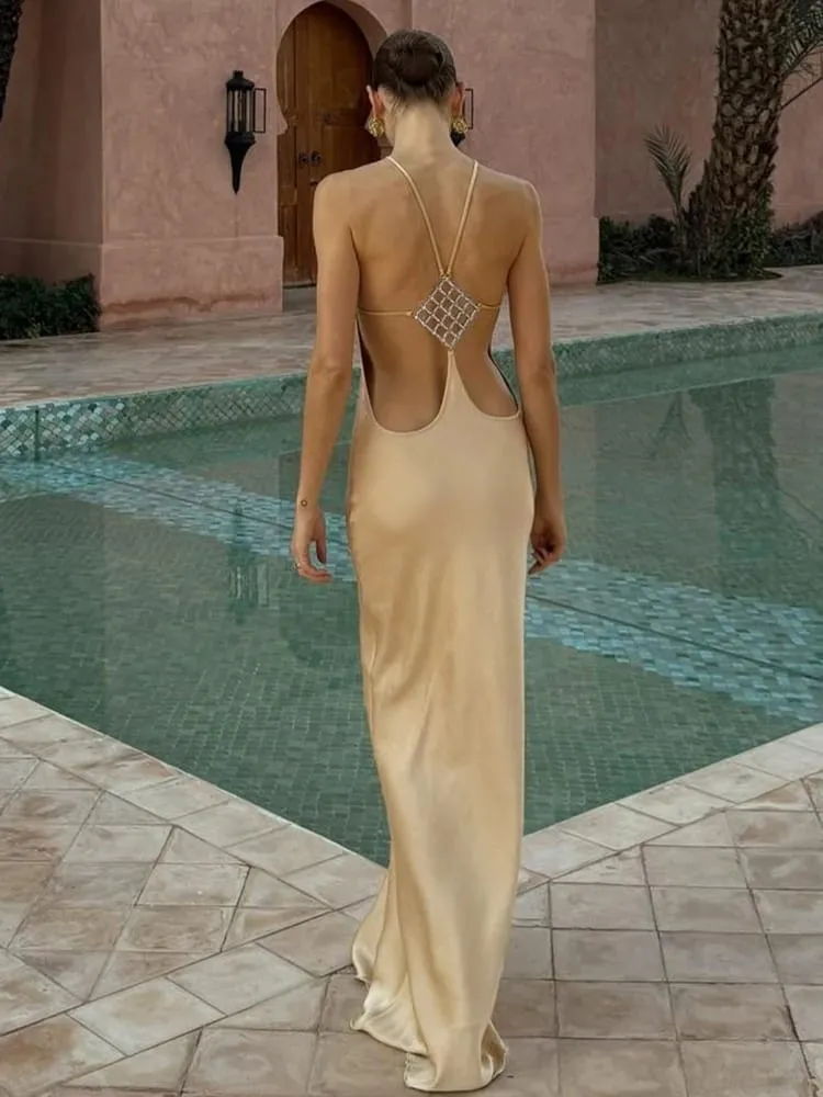 Nibber ærmeløs grime satin kjole Kvinder Metalspænde Elegant Patchwork Mode Klassisk aftenfest Rygløs Lang Bodycon