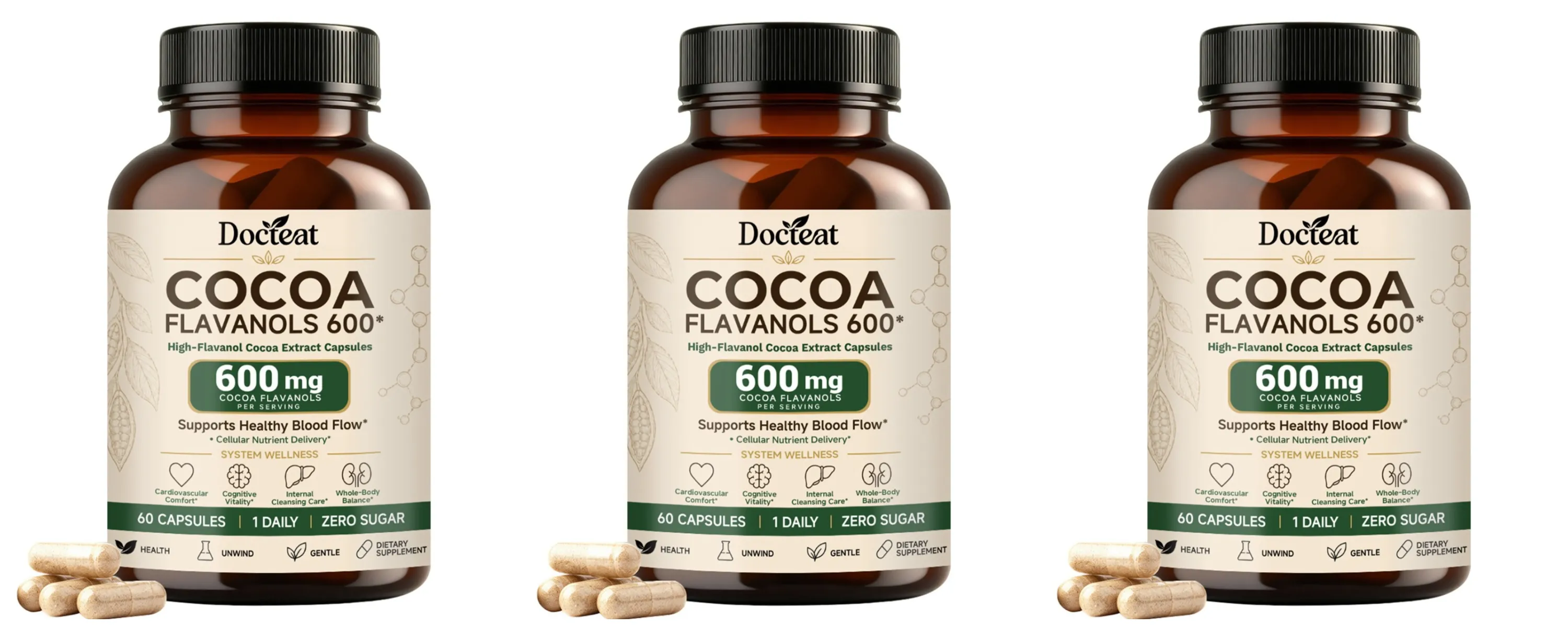 Docteat Cocoa Flavanols Capsules 600mg with Vitamin C L-Theanine & Alpha Lipoic Acid for Daily Wellness Support 60 Capsules — image 9