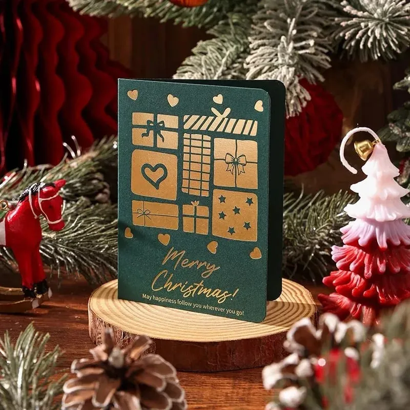 10Pcs Vintage Gold Foil Christmas Folding Greeting Cards Multi Pattern Blessing Holiday Cards New Year Postcard Gift Cards