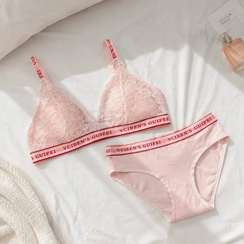 Comfortable Letter Design Lingerie Set Lace Deep V Women Underwear Suit Wireless Color Blocking Bra Panties Set Famle