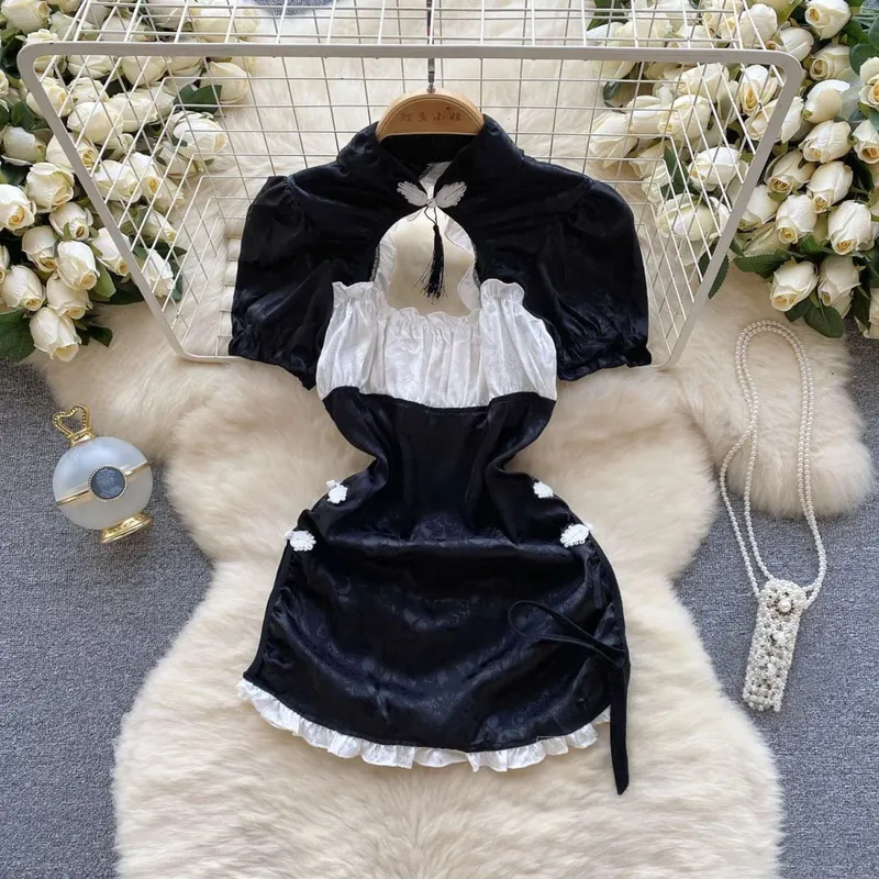 Woman Embroidery Floral Mesh Fashion Sexy Dress Chinese Style Short Sleeve Split Hollow Out Cheongsam New Gauze Sheer Dress — image 12