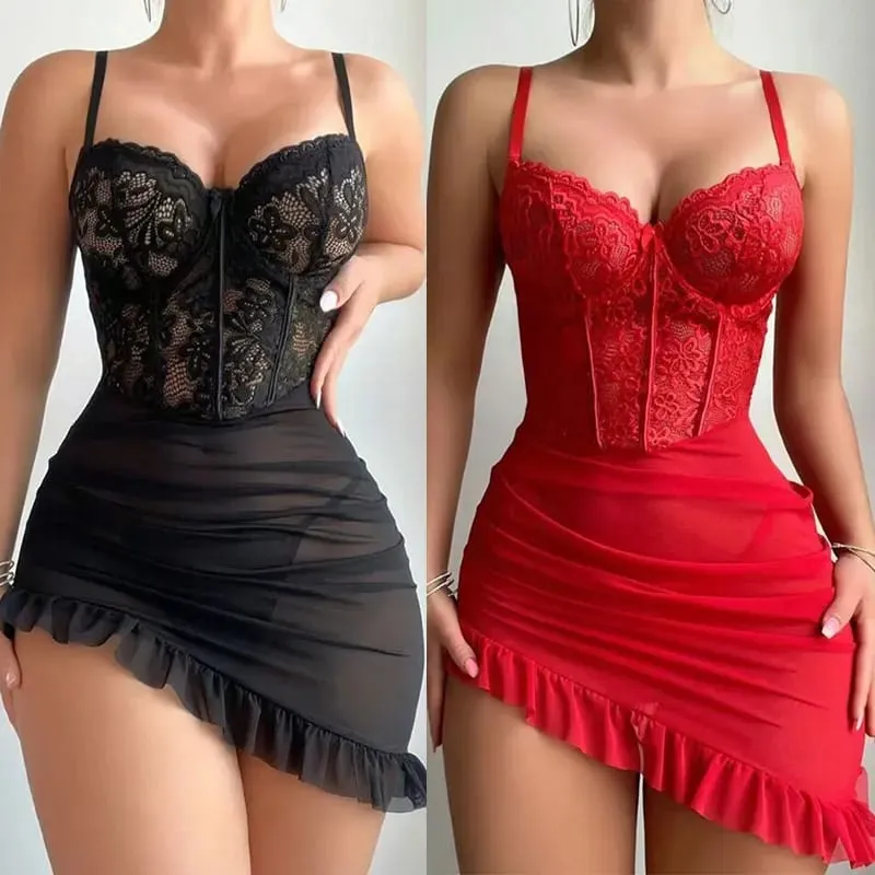 Women's Transparent Underwire Bra Sexy Fairy Lingerie Set See through Lace Nightdress Pajamas Delicate Sexy Nighty — image 1