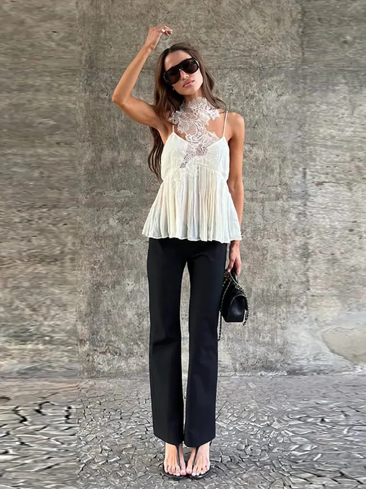Halter Neck Ribbed Knit Lace Waist Cutout Back Skater Mini Dress Sleeveless Contrast Lace 2026 Summer Women Party Mini Dress — image 6