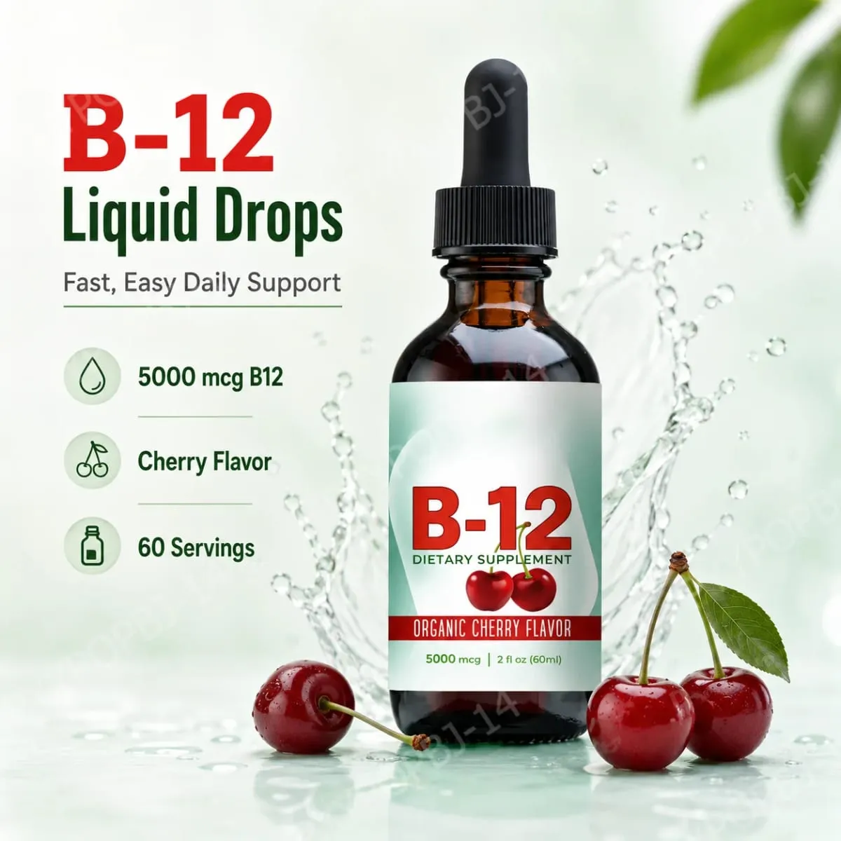 Cecair Vitamin B12 Methylcobalamin Menjatuhkan 5000 Mcg Perisa Ceri 2 Fl Oz 60 Hidangan Suplemen Harian Tanpa Gula Vegan