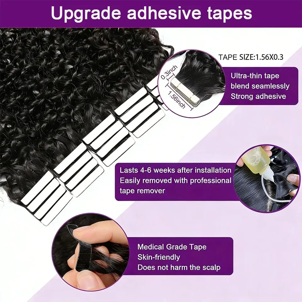 Deep Wave Curly Tape in Hair Extensions 100% Brazilian Human Hair Adhesive Tape on Extensions Human Hair Natural Black 16-26inch