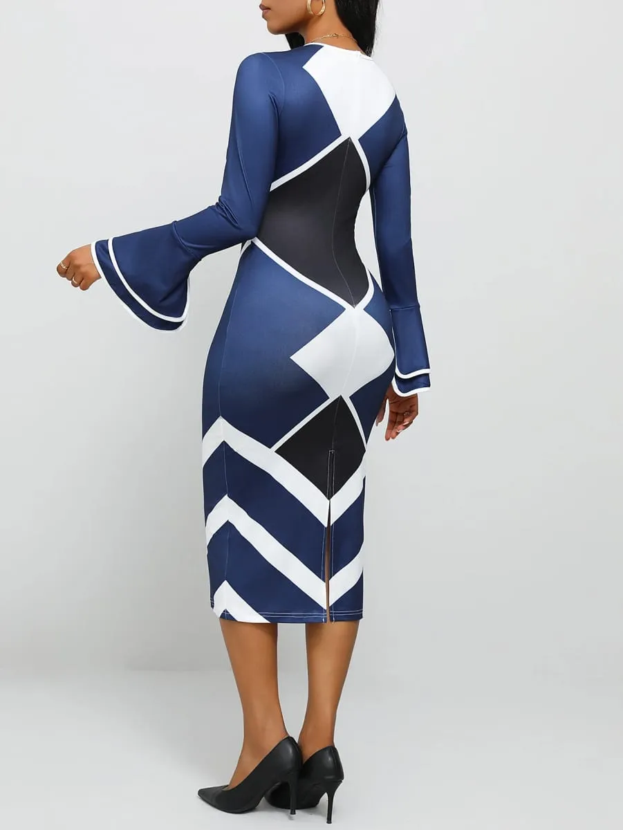 Naval Blue Geometric Print Slim Fit round Neck Dress with Flared Sleeves And Side Slit Long Skirt